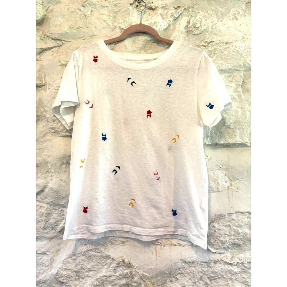 J. Crew Embroidered "Bikinis" Tee Size Large Vacation Resort Beachy Style L8115